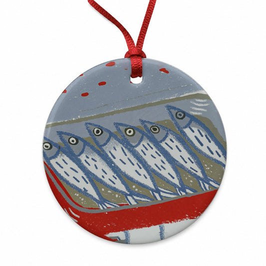 Sardines Fish In Tin Round Ceramic Holiday Christmas Tree Ornament