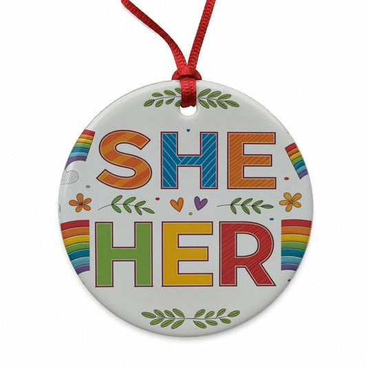 She Her Rainbow Pride Round Ceramic Holiday Christmas Tree Ornament