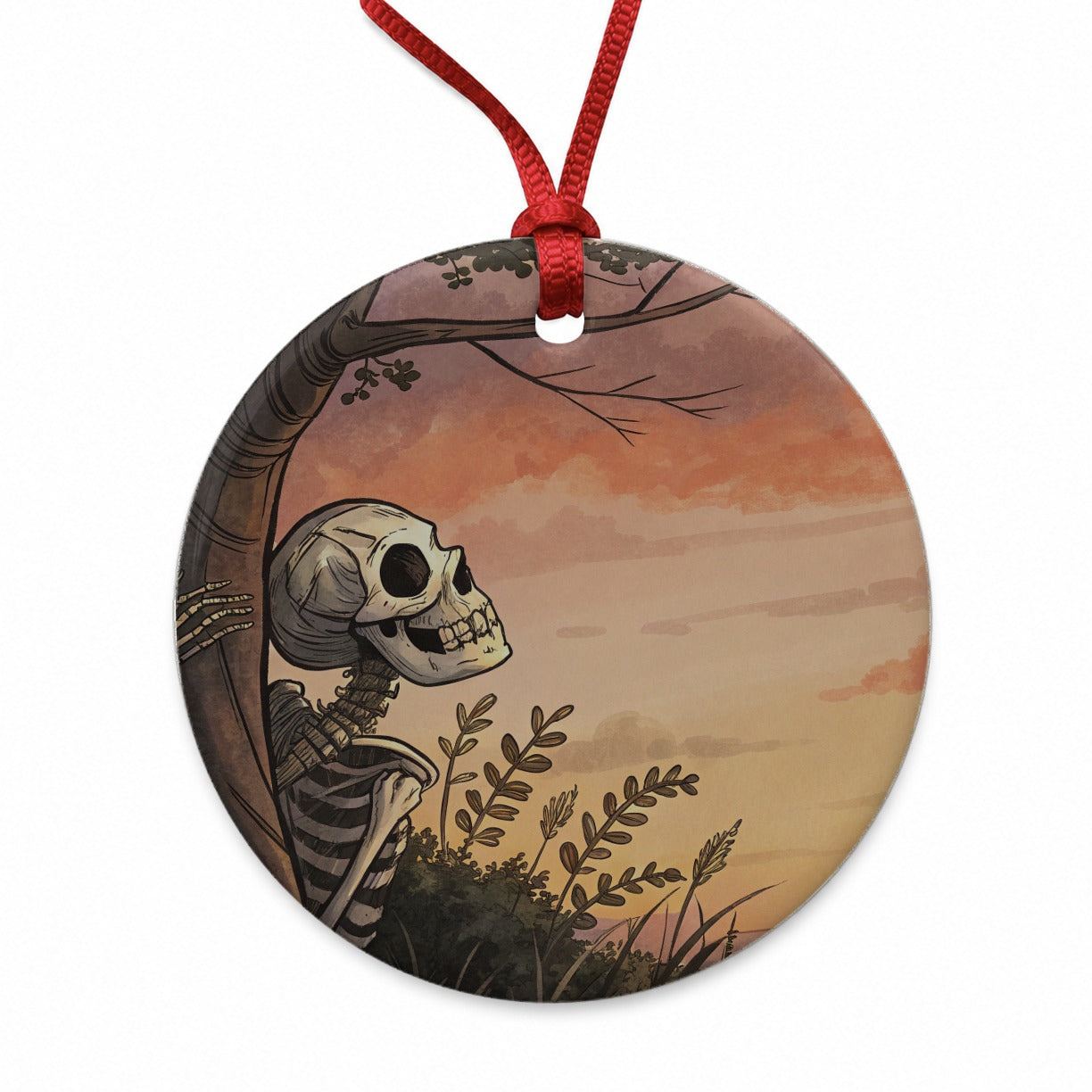 Skeleton Meadow Sunset Halloween Round Ceramic Holiday Christmas Tree Ornament