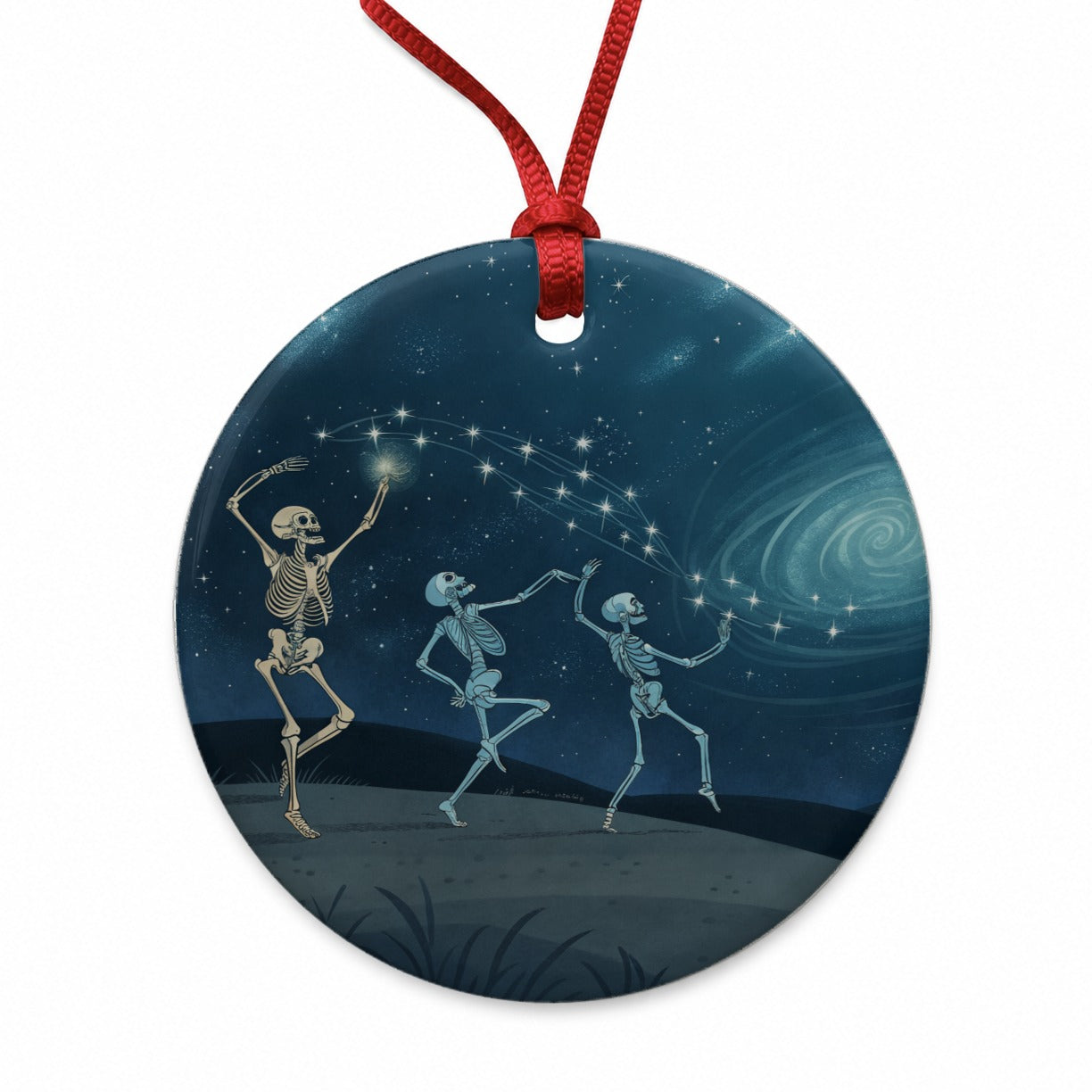 Skeleton Moon Dance Halloween Round Ceramic Holiday Christmas Tree Ornament