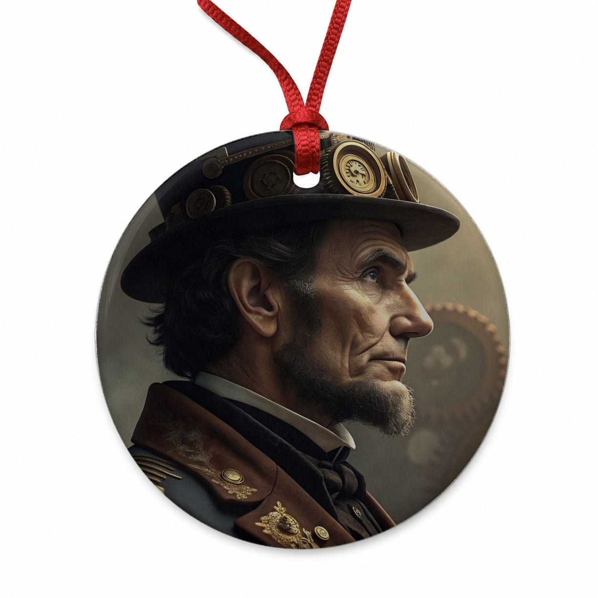 Steampunk Abraham Lincoln Portrait Round Ceramic Holiday Christmas Tree Ornament