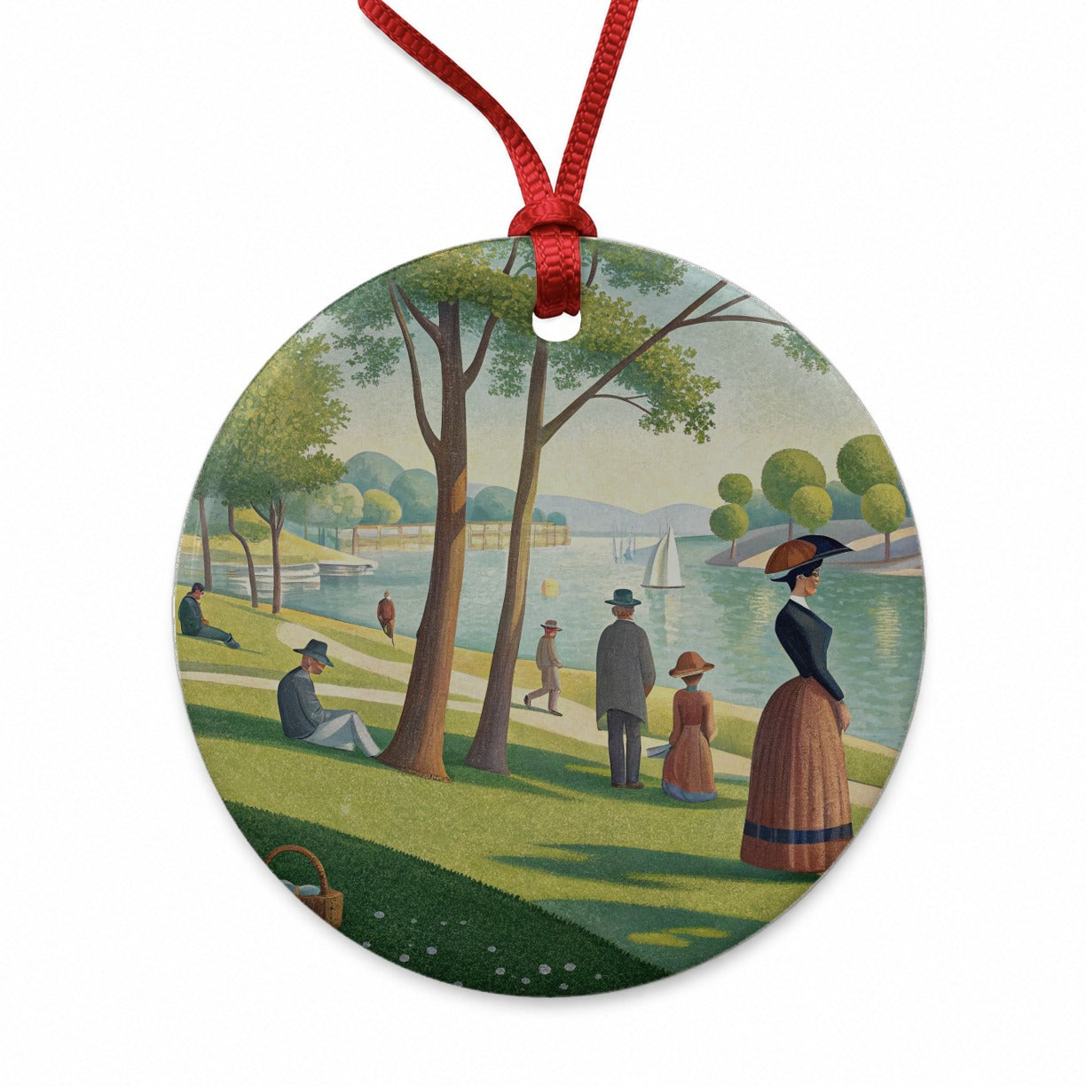 Sunday in the Park Seurat Inspired Round Ceramic Holiday Christmas Tree Ornament