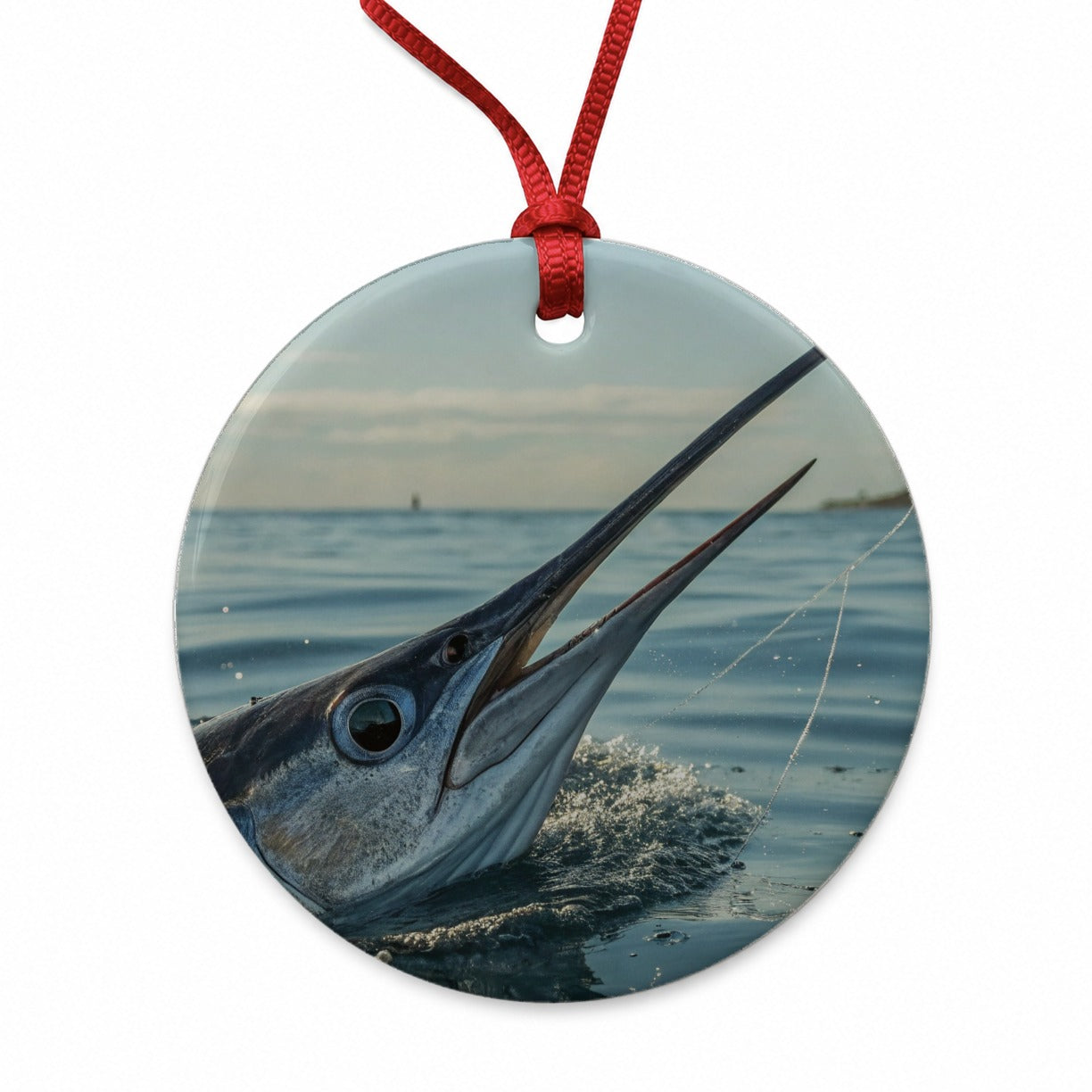 Swordfish Surface Fishing Round Ceramic Holiday Christmas Tree Ornament