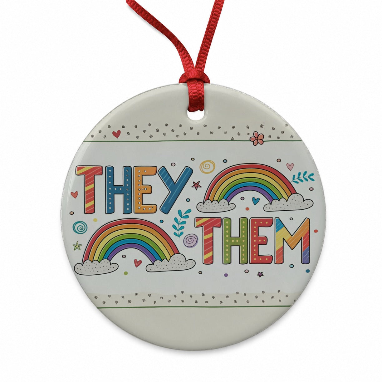 They Them Rainbow Colorful Pride Round Ceramic Holiday Christmas Tree Ornament
