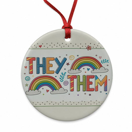 They Them Rainbow Colorful Pride Round Ceramic Holiday Christmas Tree Ornament