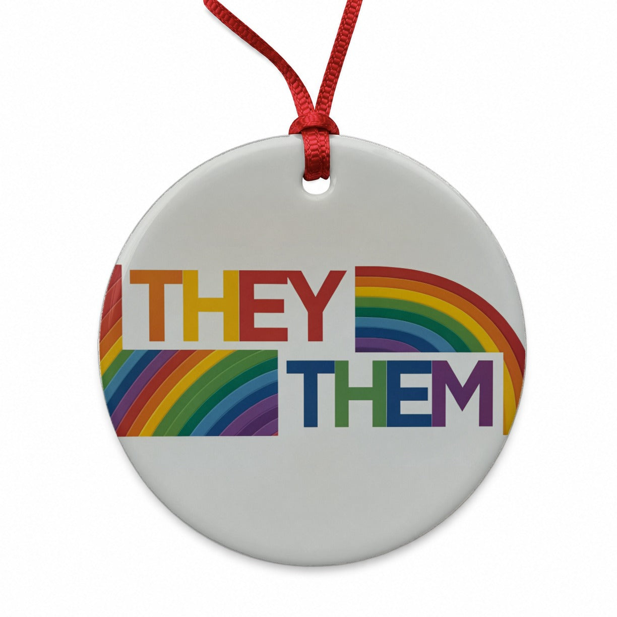 They Them Rainbow Pride Round Ceramic Holiday Christmas Tree Ornament