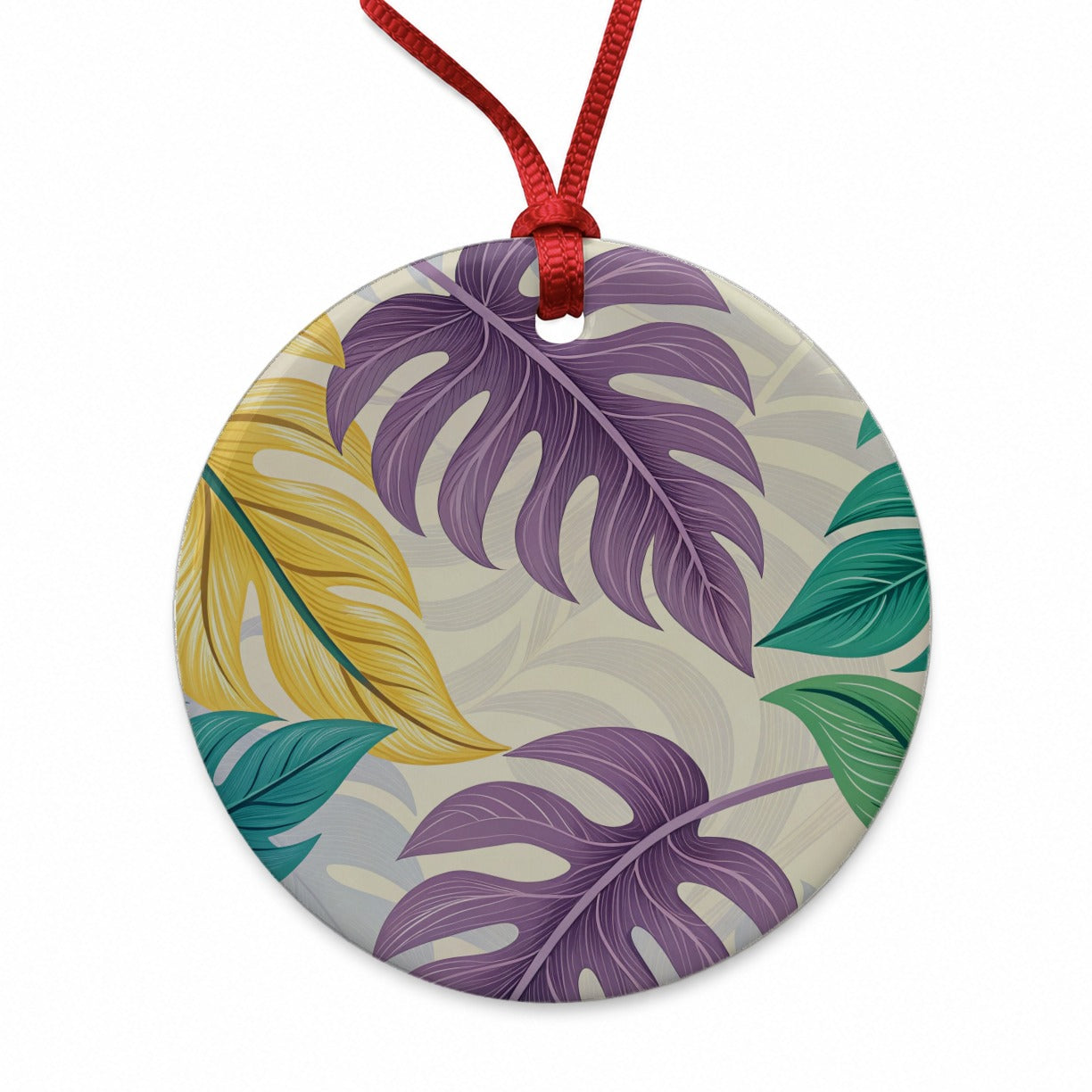 Tropical Leaves Colorful Foliage Round Ceramic Holiday Christmas Tree Ornament