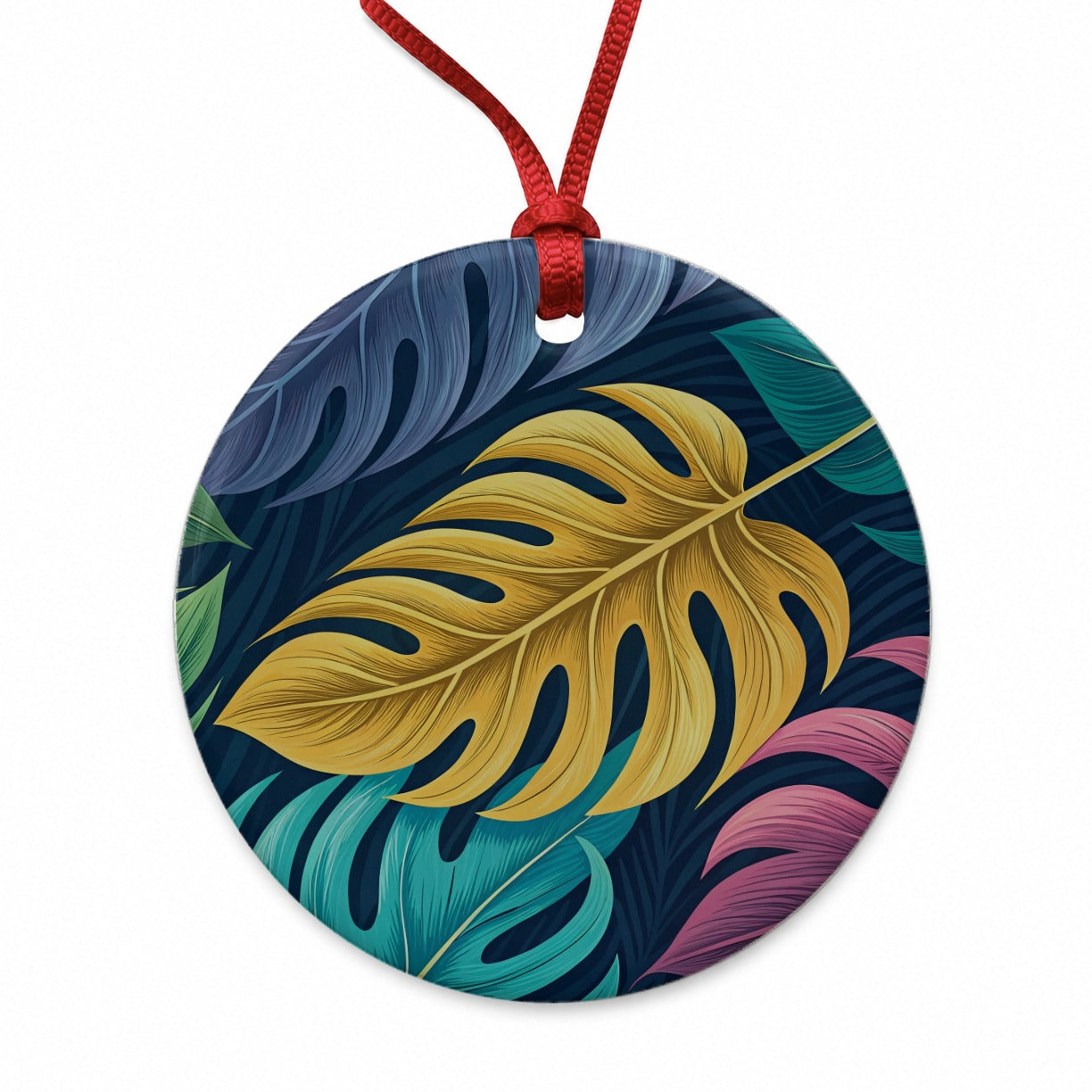 Tropical Leaves Colorful Round Ceramic Holiday Christmas Tree Ornament