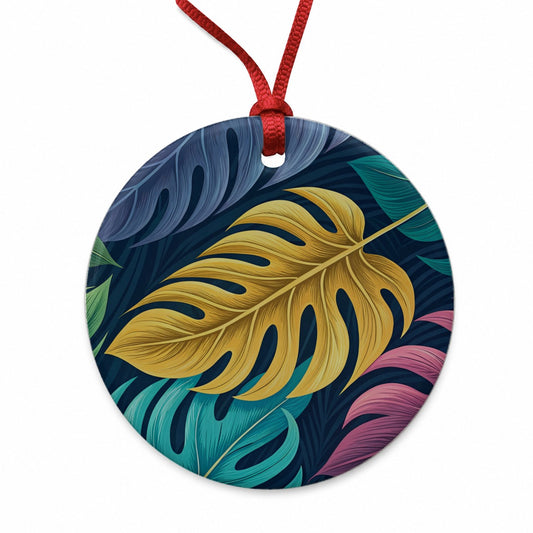 Tropical Leaves Colorful Round Ceramic Holiday Christmas Tree Ornament