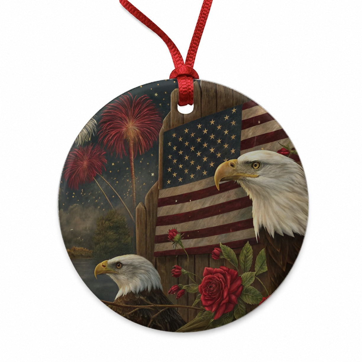 Vintage Americana Eagle Collage Patriotic Round Ceramic Holiday Christmas Tree Ornament