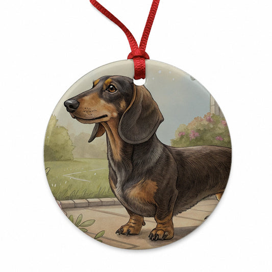 Vintage Dachshund Dog Portrait Round Ceramic Holiday Christmas Tree Ornament