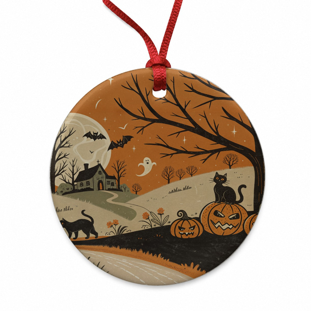 Vintage Halloween Black Cats Round Ceramic Holiday Christmas Tree Ornament