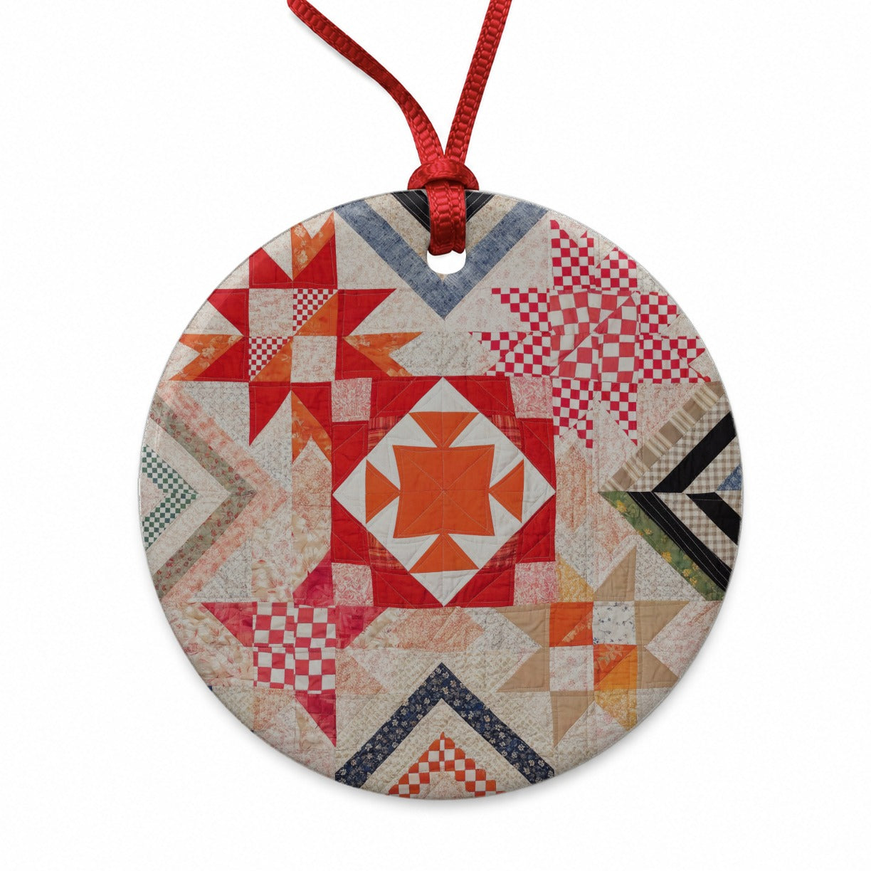 Vintage Patchwork Quilt Round Ceramic Holiday Christmas Tree Ornament