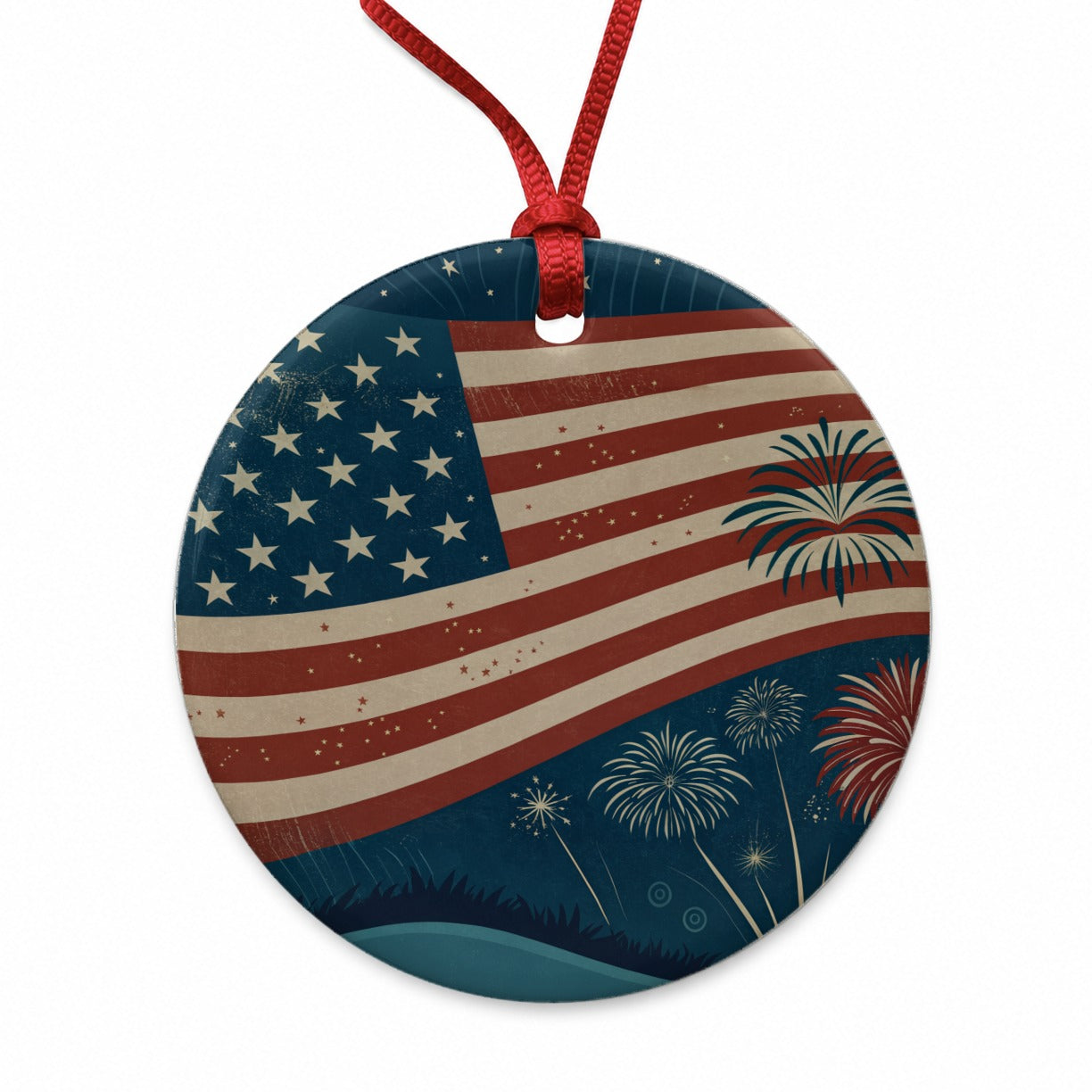 Vintage Patriotic Flag Fireworks Round Ceramic Holiday Christmas Tree Ornament
