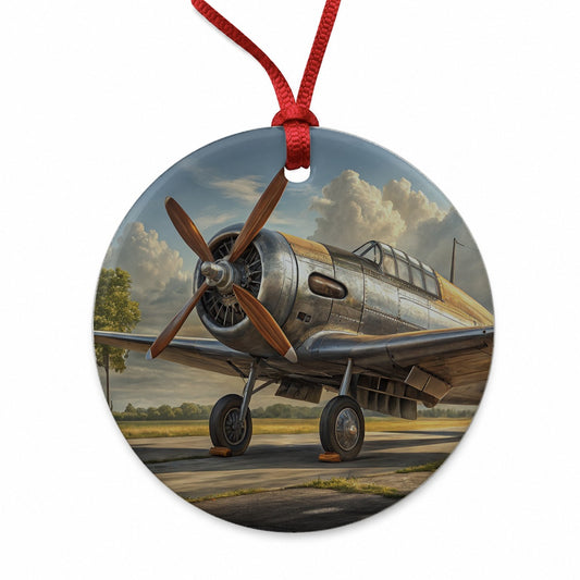 Vintage Propeller Airplane Round Ceramic Holiday Christmas Tree Ornament