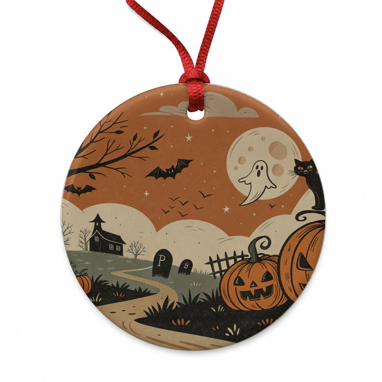Vintage Pumpkin Halloween Scene Round Ceramic Holiday Christmas Tree Ornament