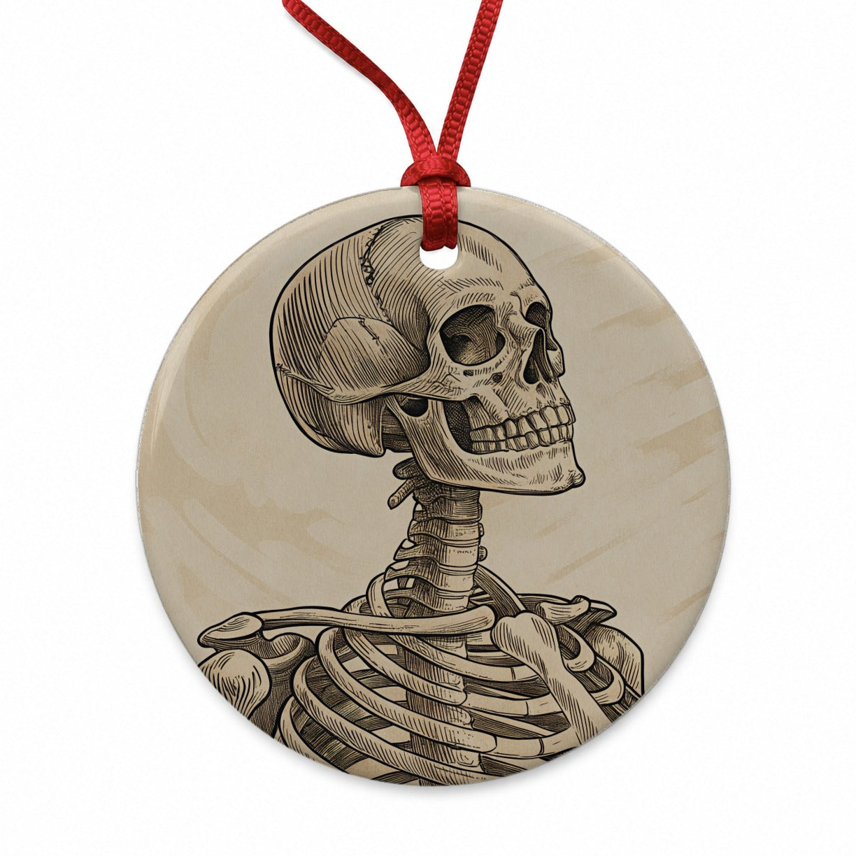 Vintage Skeleton Illustration Round Ceramic Holiday Christmas Tree Ornament