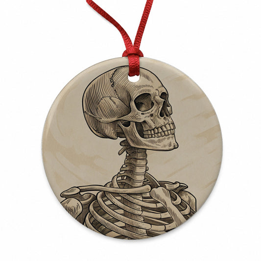 Vintage Skeleton Illustration Round Ceramic Holiday Christmas Tree Ornament