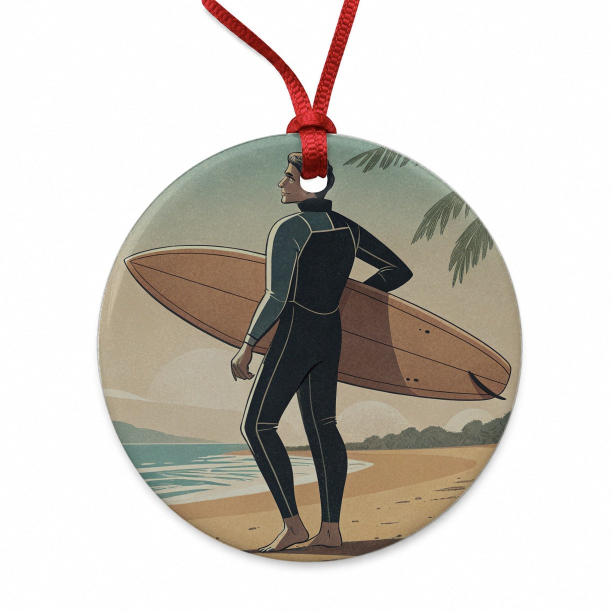 Vintage Surfer Beach Scene Round Ceramic Holiday Christmas Tree Ornament