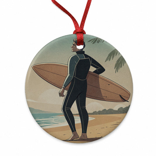 Vintage Surfer Beach Scene Round Ceramic Holiday Christmas Tree Ornament