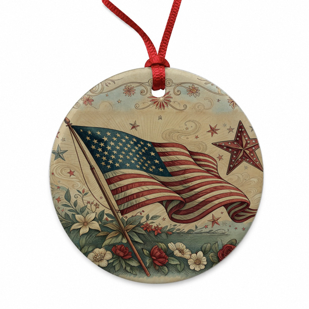 Vintage USA Flag Stars Patriotic Round Ceramic Holiday Christmas Tree Ornament