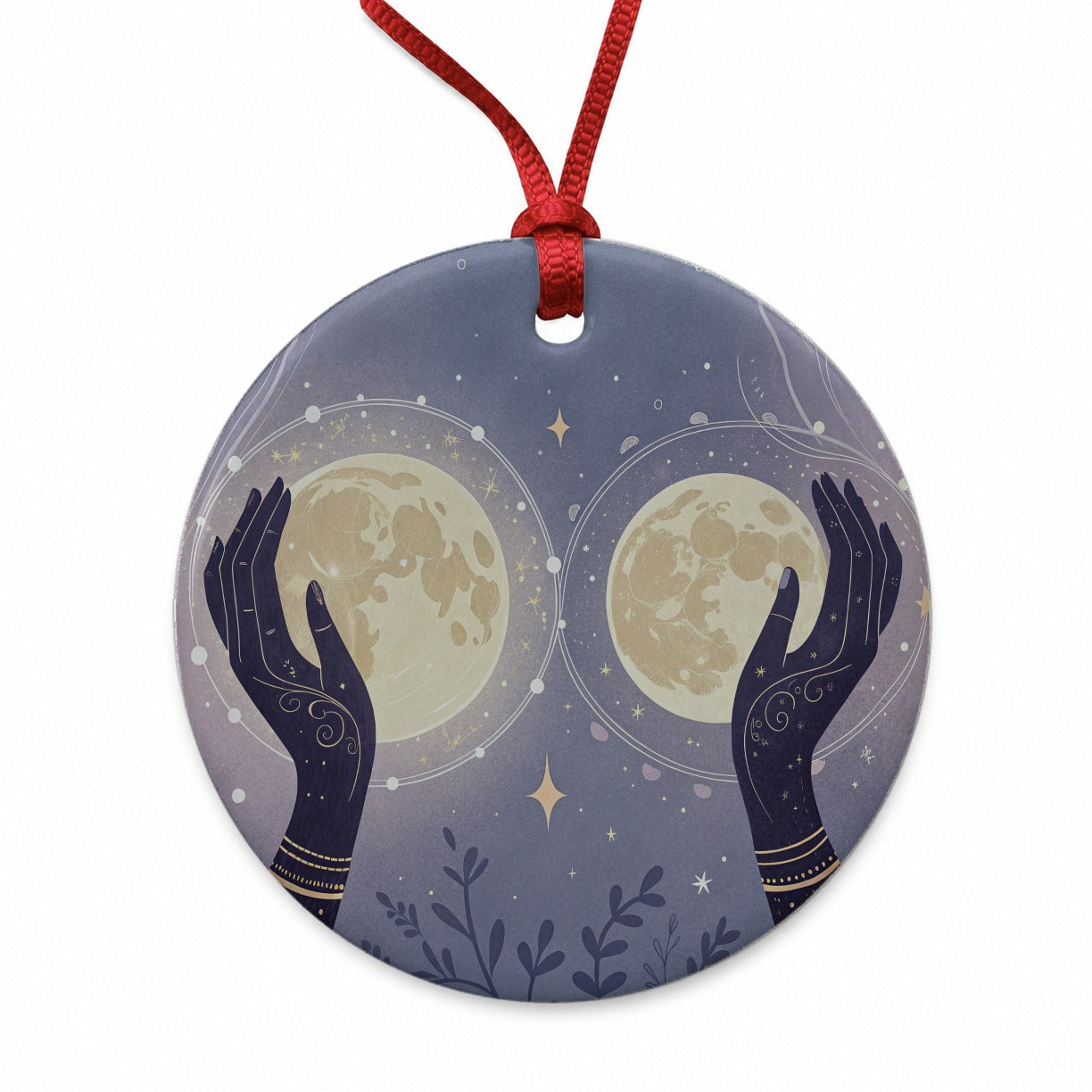 Witchy Celestial Moon Hands Round Ceramic Holiday Christmas Tree Ornament