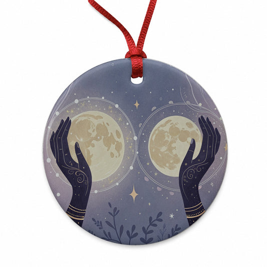 Witchy Celestial Moon Hands Round Ceramic Holiday Christmas Tree Ornament