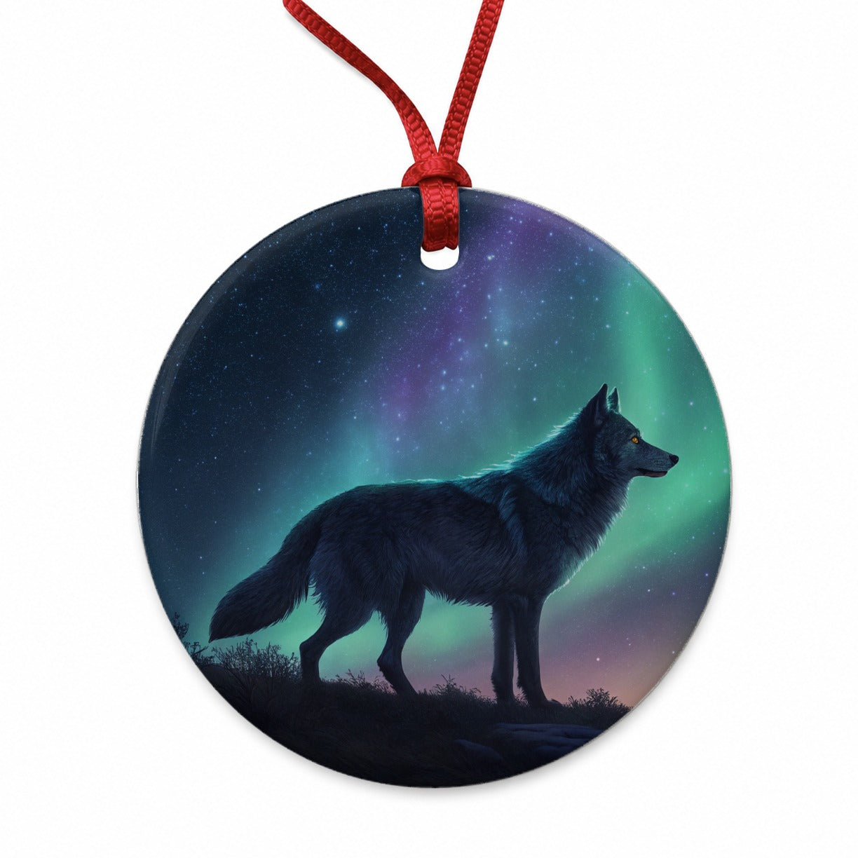 Wolf Beneath Aurora Borealis Round Ceramic Holiday Christmas Tree Ornament