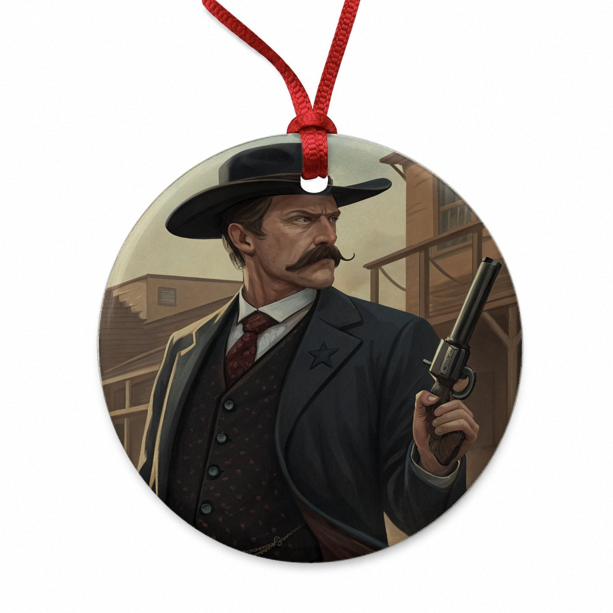 Wyatt Earp Frontier Gunslinger Round Ceramic Holiday Christmas Tree Ornament