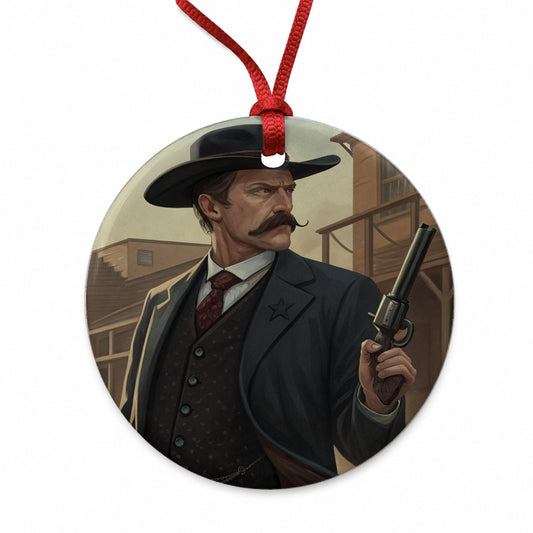 Wyatt Earp Frontier Gunslinger Round Ceramic Holiday Christmas Tree Ornament