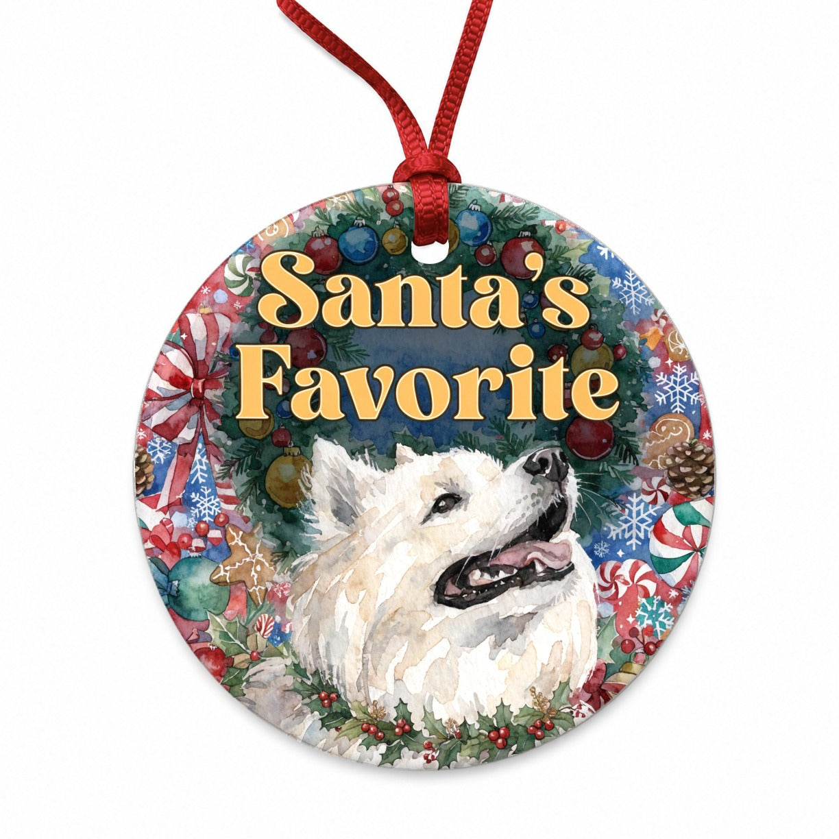 American Eskimo Dog Christmas Santa's Favorite Round Ceramic Holiday Christmas Tree Ornament