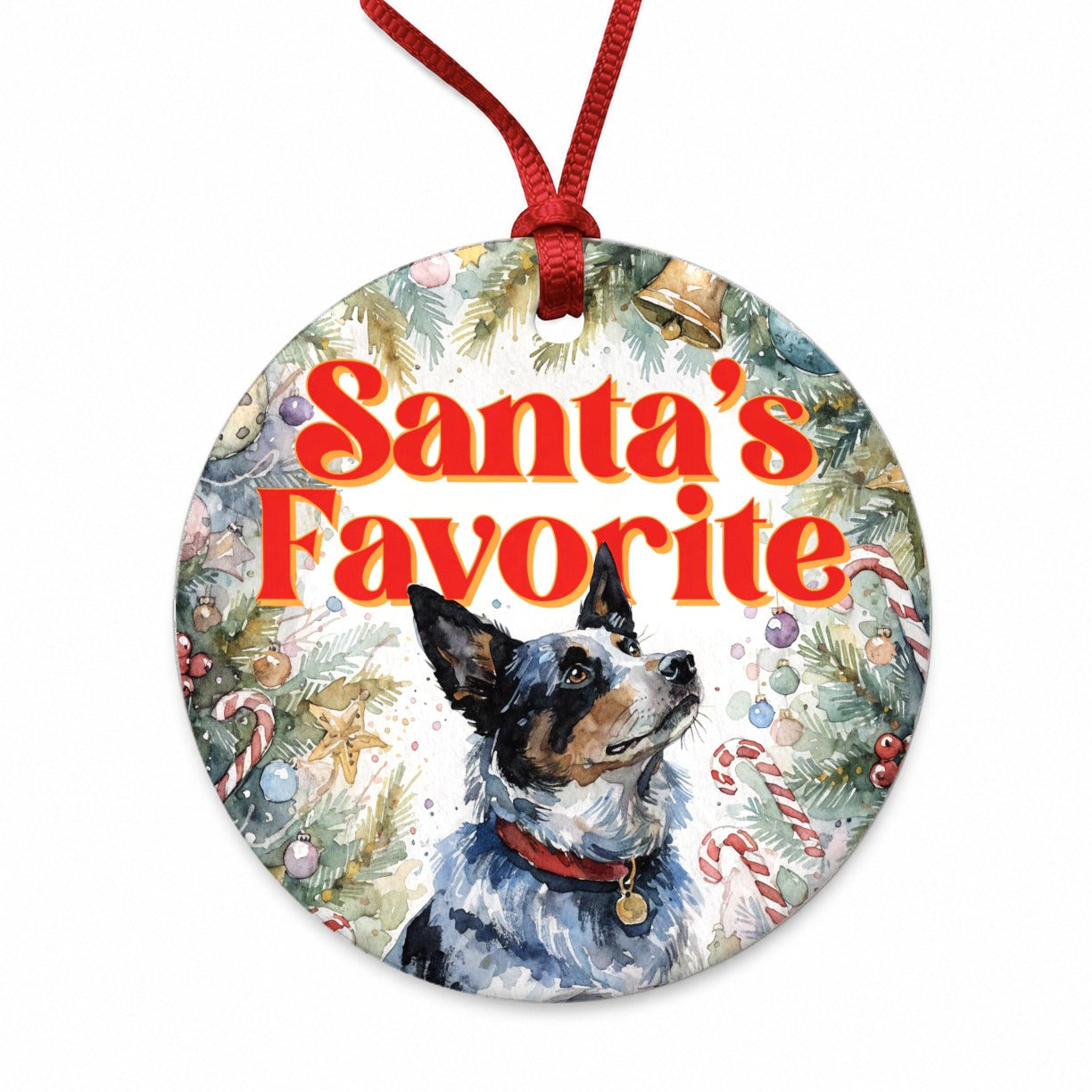 Australian Cattle Dog Christmas Santa's Favorite Round Ceramic Holiday Christmas Tree Ornament