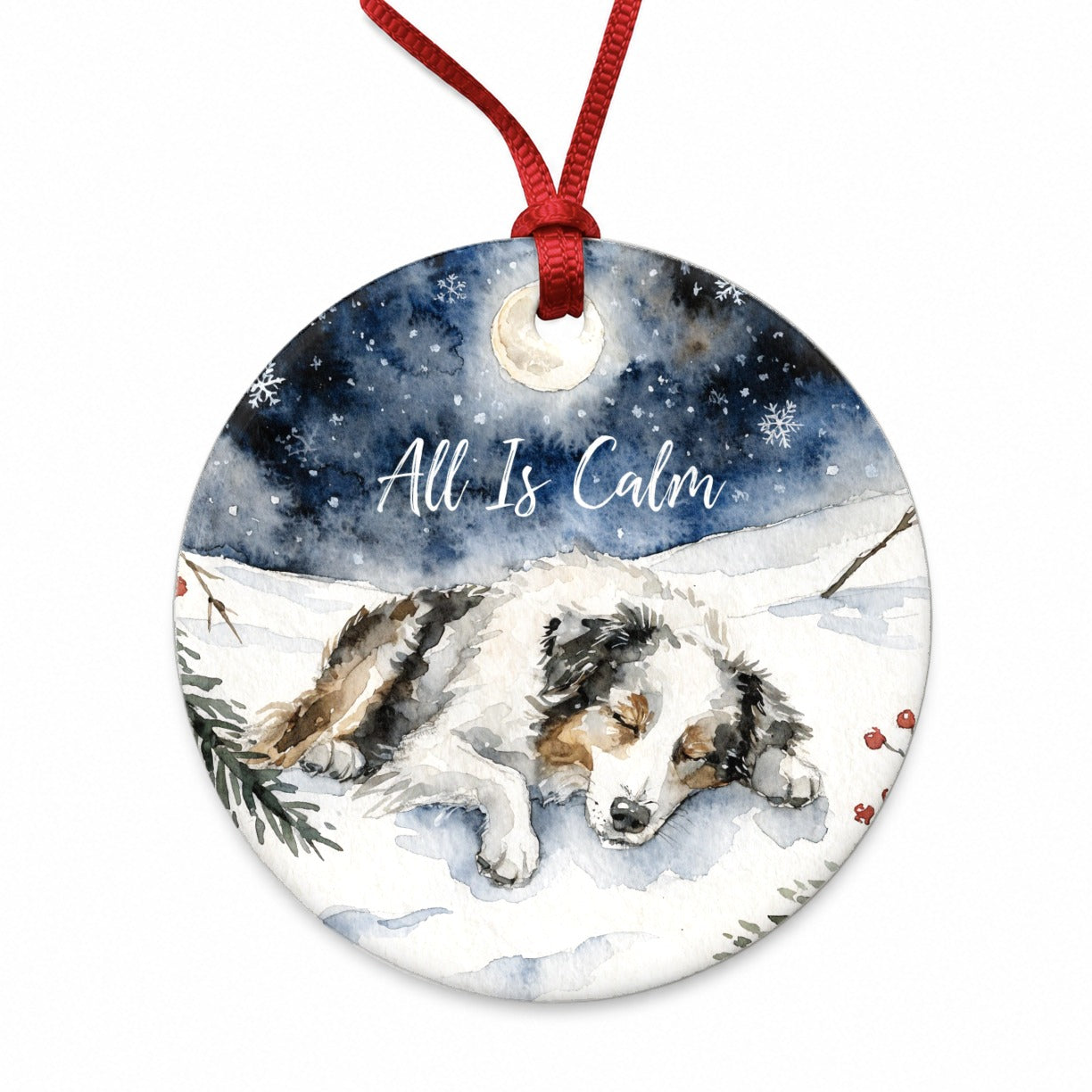 Australian Shepherd Dog All Is Calm Christmas Round Ceramic Holiday Christmas Tree Ornament