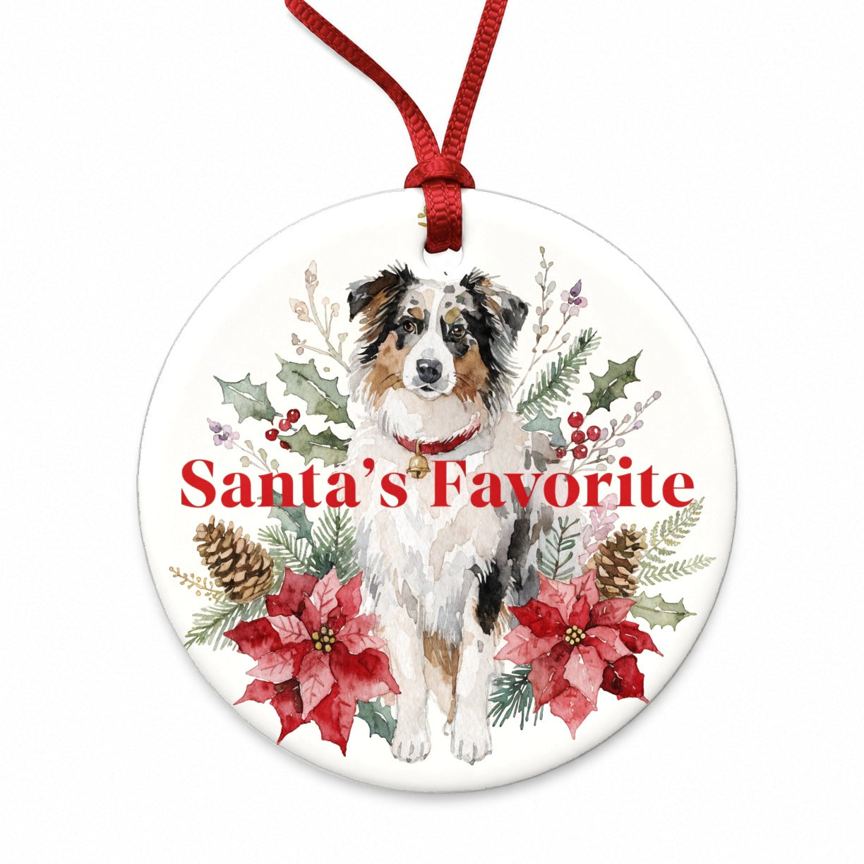 Australian Shepherd Dog Christmas Santa's Favorite Round Ceramic Holiday Christmas Tree Ornament