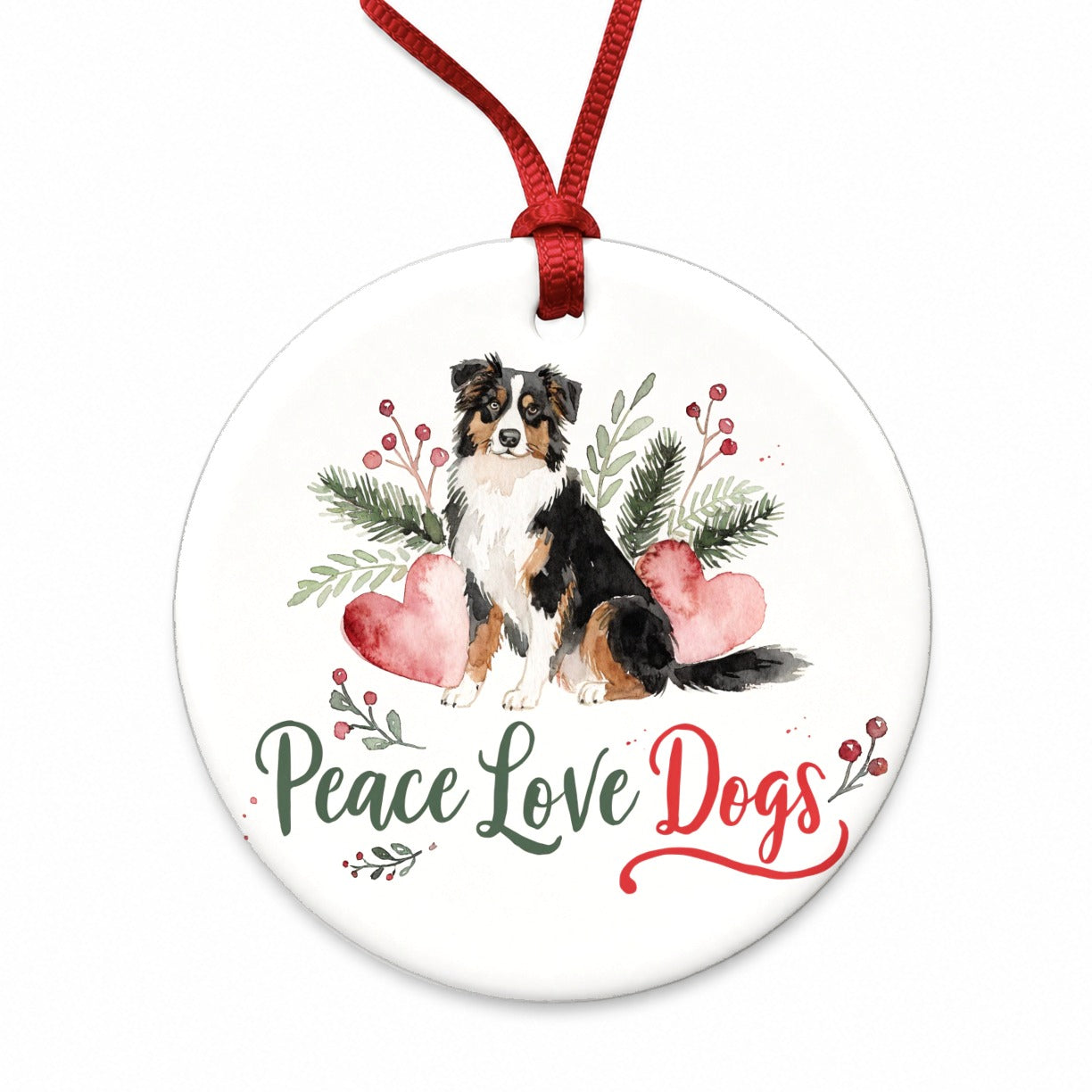 Australian Shepherd Peace Love Dogs Christmas Round Ceramic Holiday Christmas Tree Ornament