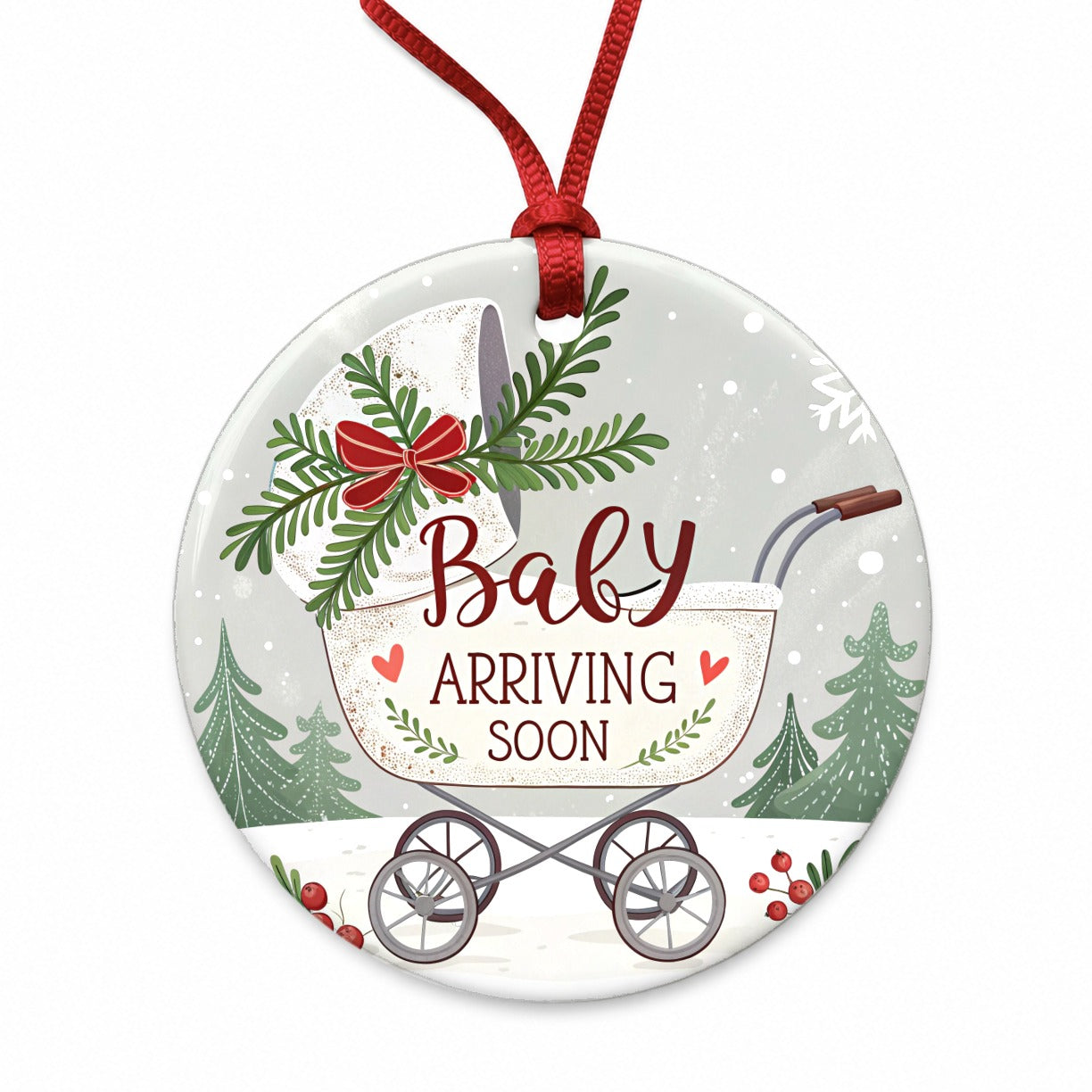 Baby Arriving Soon Christmas Stroller Round Ceramic Holiday Christmas Tree Ornament