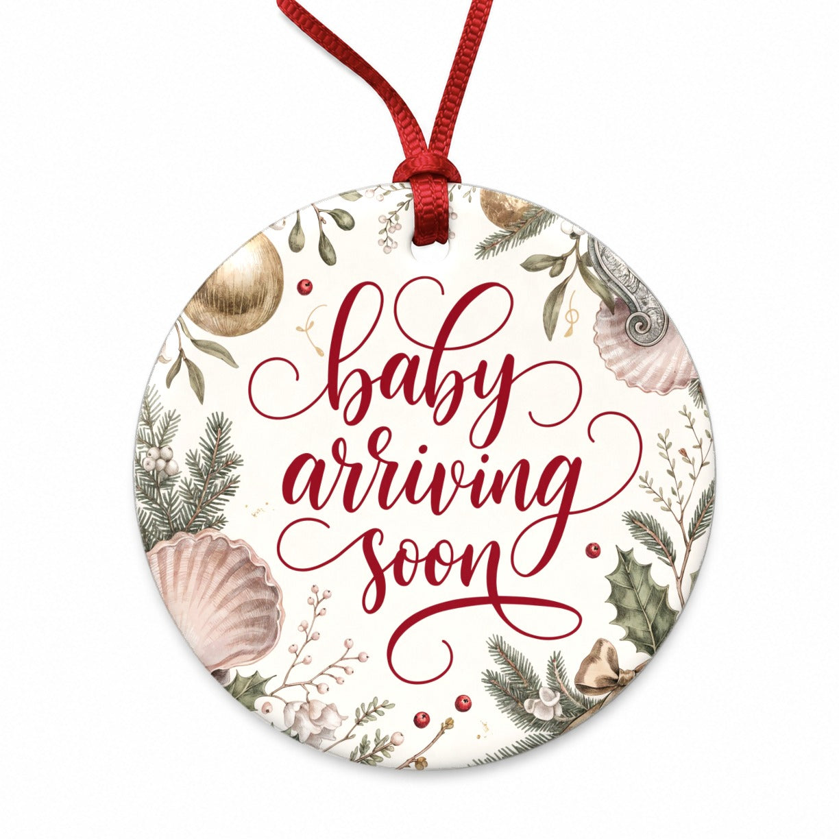 Baby Arriving Soon Christmas Round Ceramic Holiday Christmas Tree Ornament