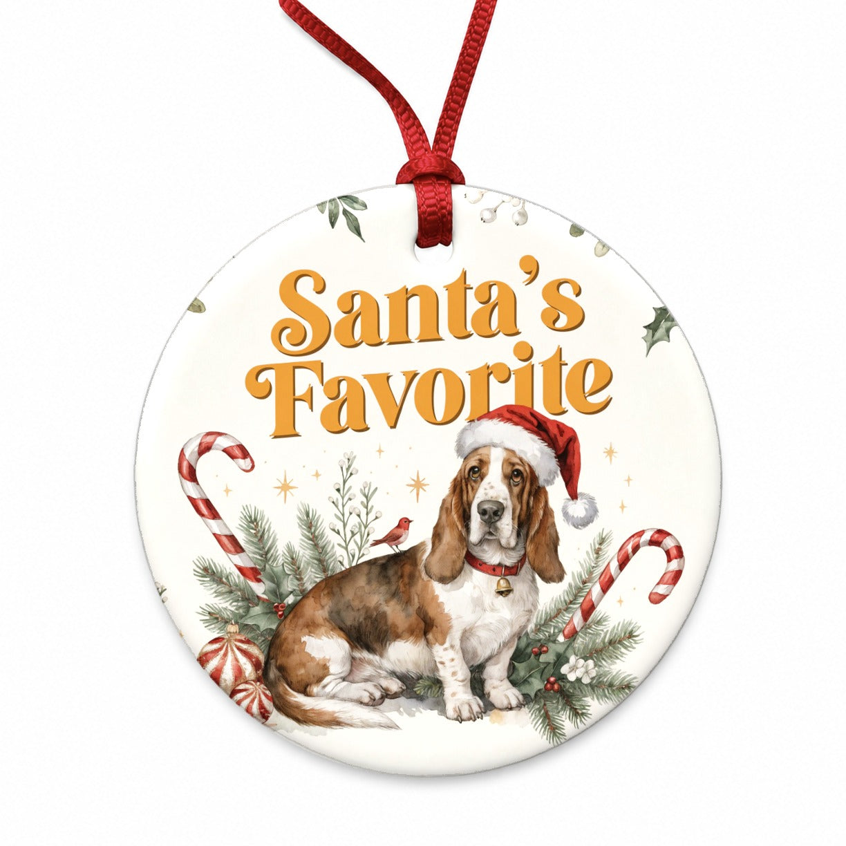 Basset Hound Dog Christmas Santa's Favorite Round Ceramic Holiday Christmas Tree Ornament