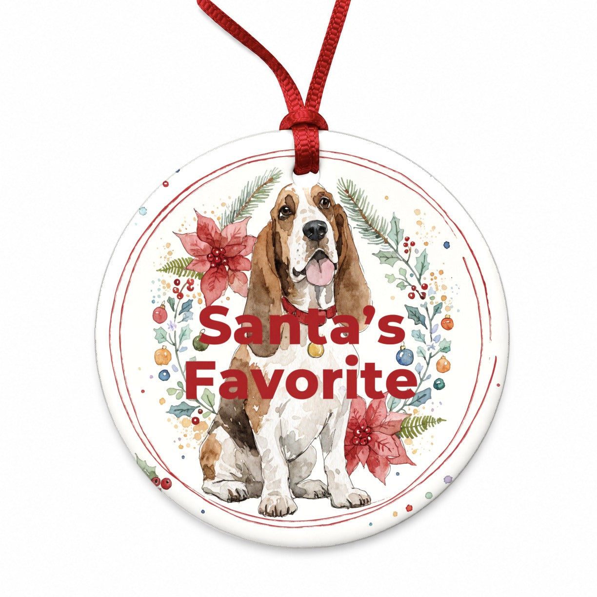 Basset Hound Dog Sitting Christmas Santa's Favorite Round Ceramic Holiday Christmas Tree Ornament