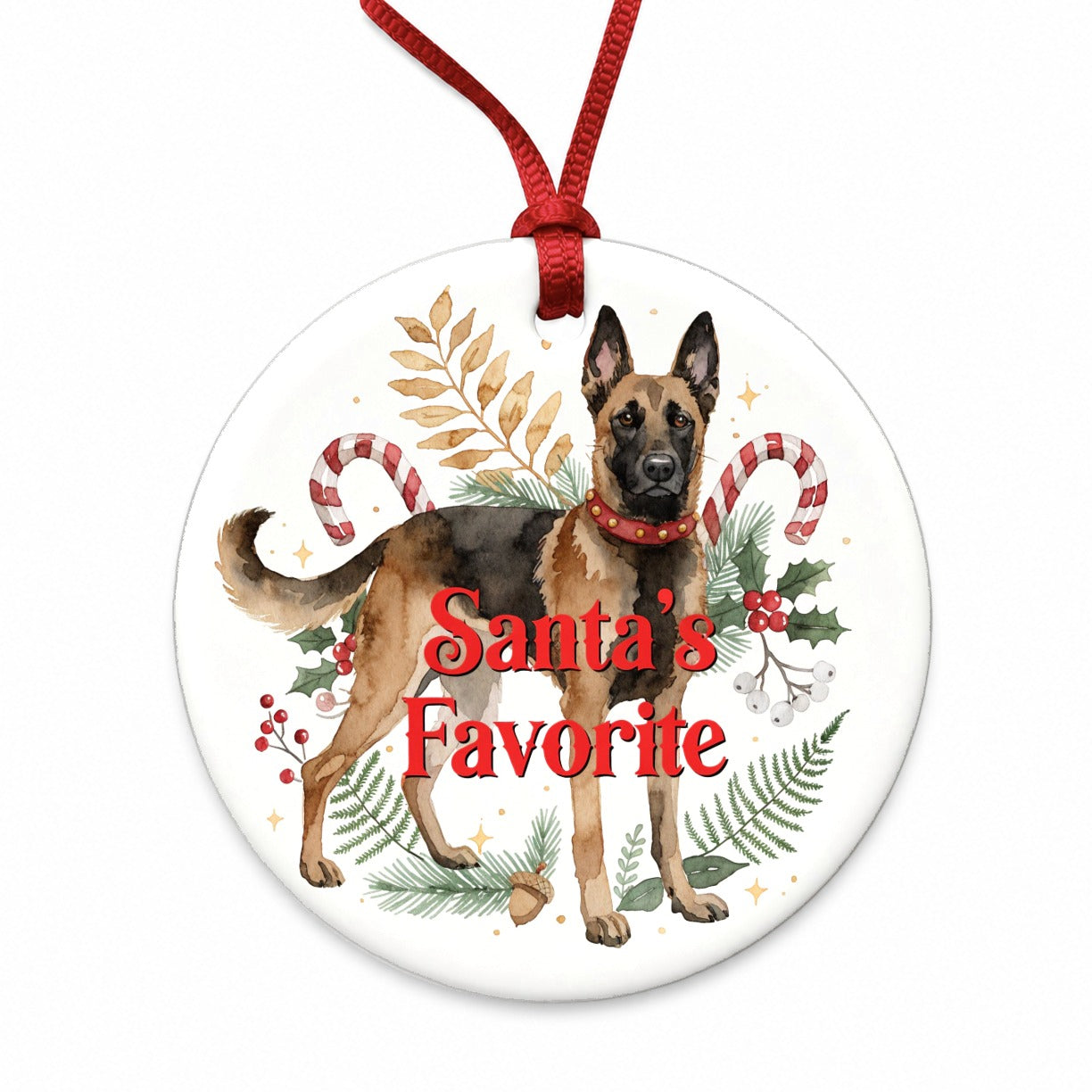 Belgian Malinois Dog Standing Christmas Santa's Favorite Round Ceramic Holiday Christmas Tree Ornament