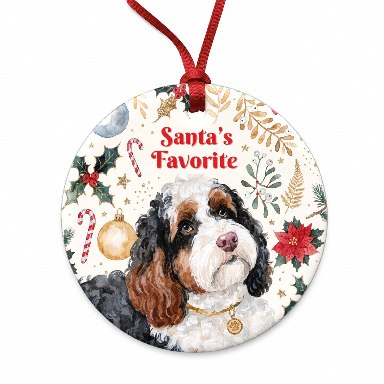 Bernedoodle Dog Christmas Santa's Favorite Round Ceramic Holiday Christmas Tree Ornament