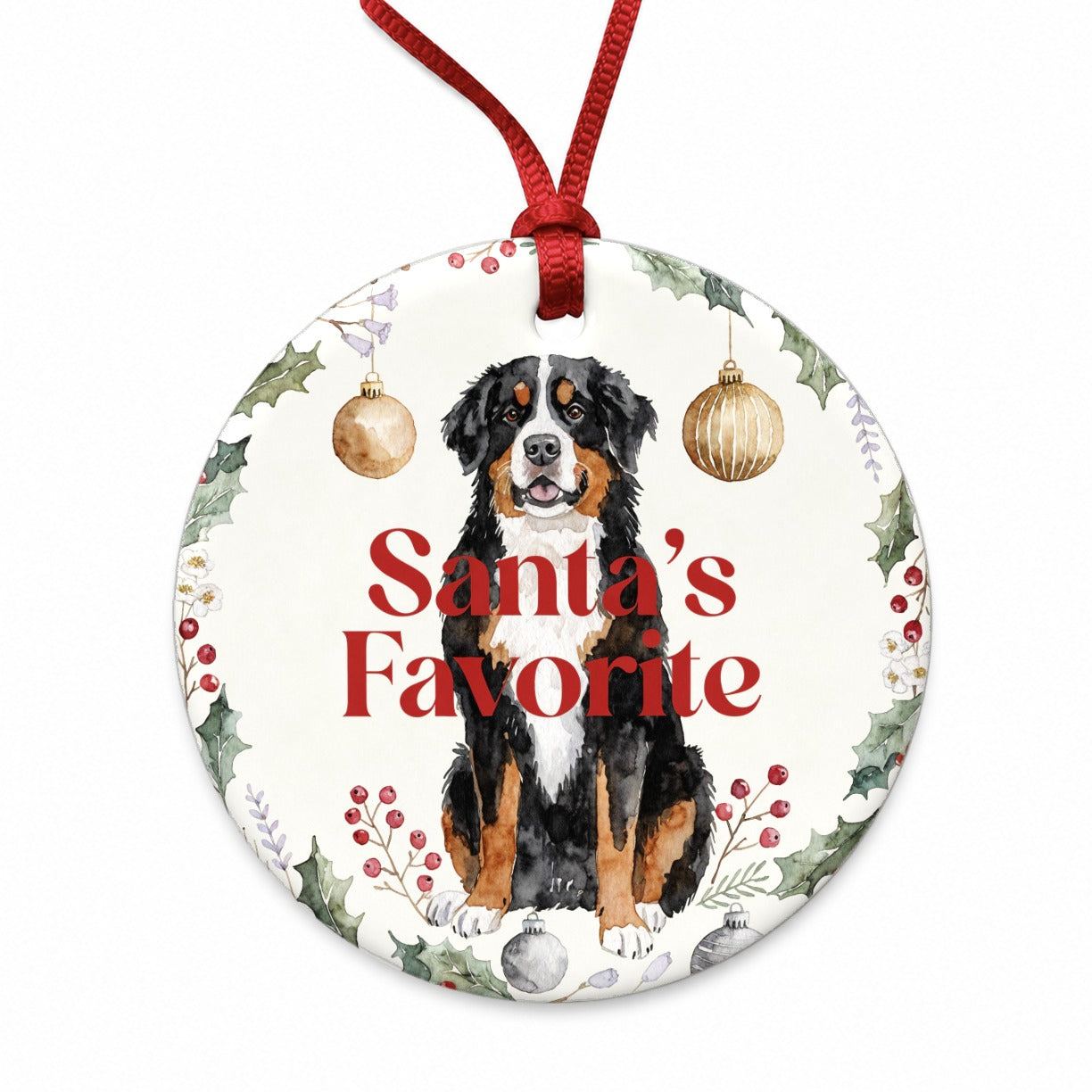 Bernese Mountain Dog Christmas Santa's Favorite Round Ceramic Holiday Christmas Tree Ornament