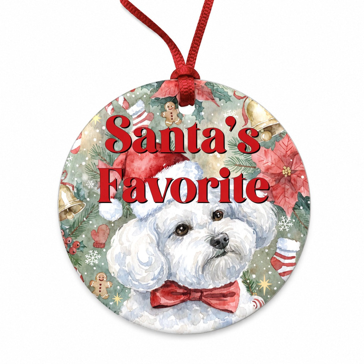 Bichon Frise Dog Christmas Santa's Favorite Round Ceramic Holiday Christmas Tree Ornament