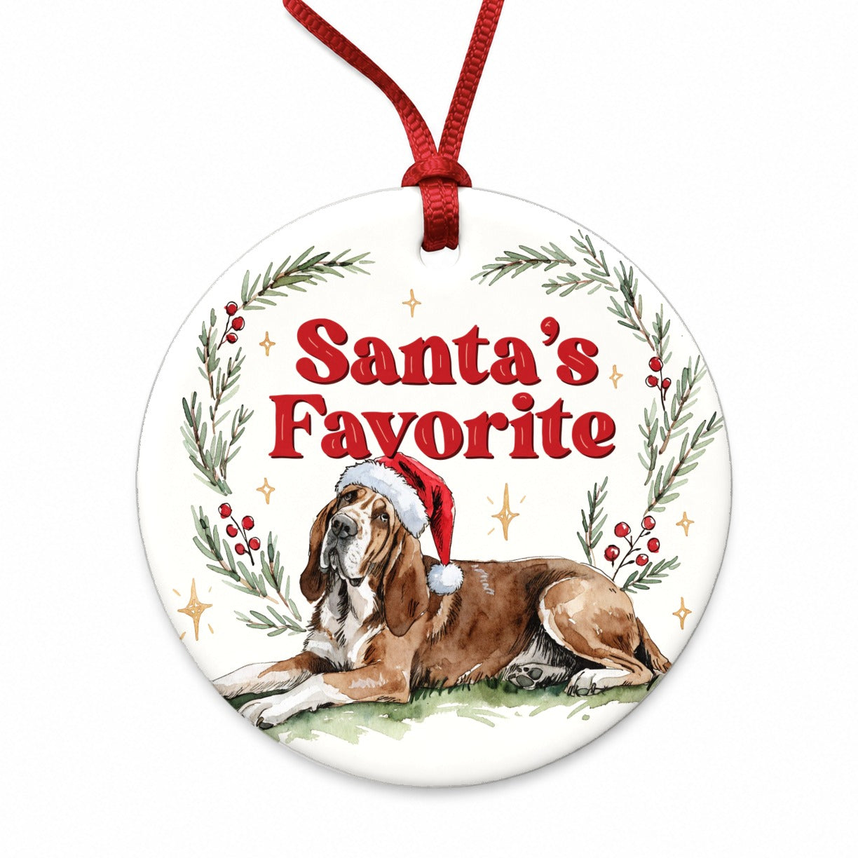 Bloodhound Dog Christmas Santa's Favorite Round Ceramic Holiday Christmas Tree Ornament