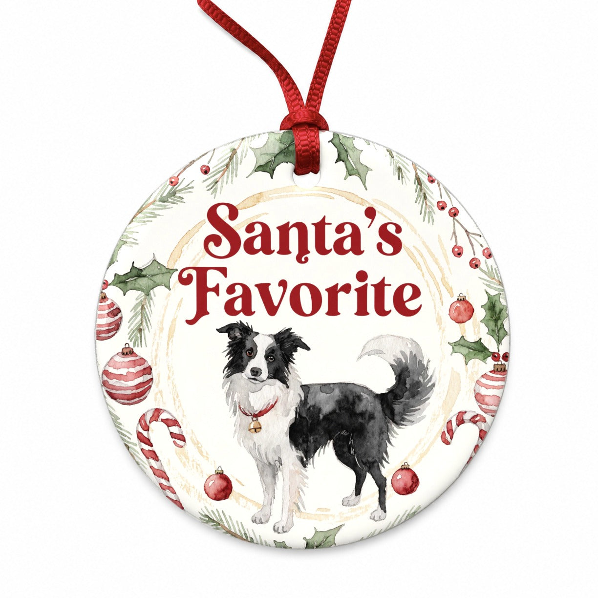 Border Collie Dog Christmas Santa's Favorite Round Ceramic Holiday Christmas Tree Ornament
