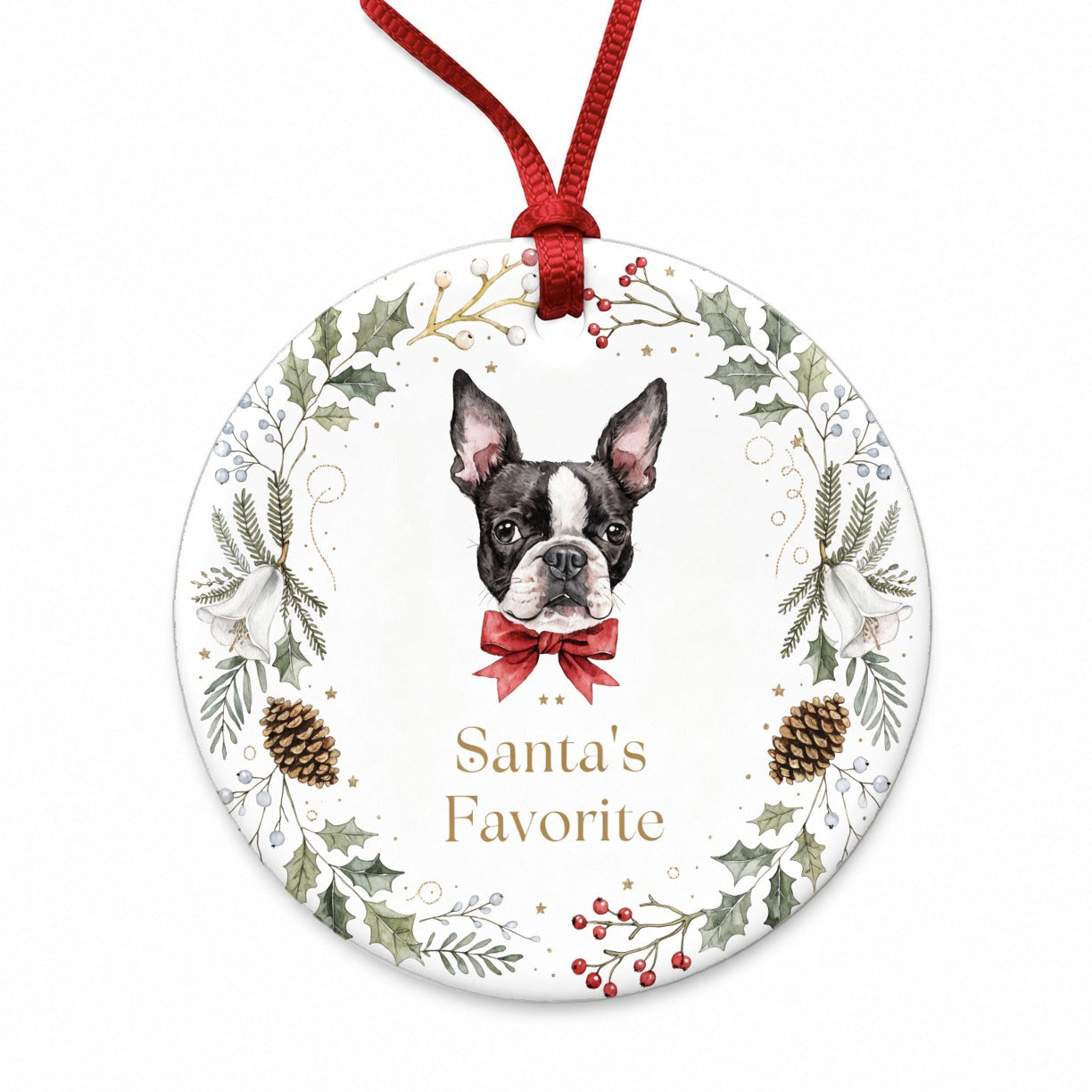 Boston Terrier Dog Christmas Santa's Favorite Round Ceramic Holiday Christmas Tree Ornament