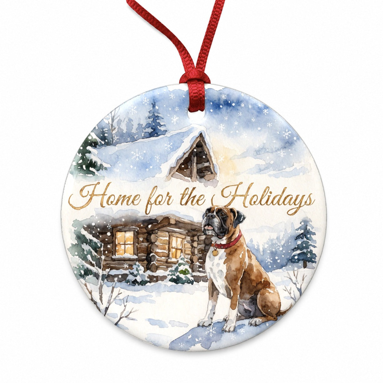 Boxer Dog Home For Holidays Christmas Round Ceramic Holiday Christmas Tree Ornament