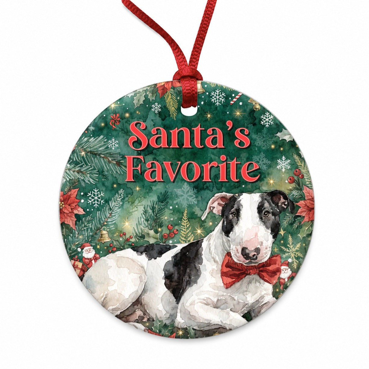 Bull Terrier Dog Christmas Santa's Favorite Round Ceramic Holiday Christmas Tree Ornament