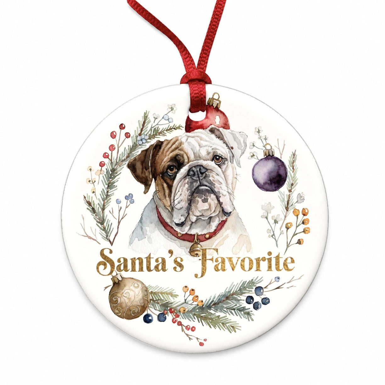 Bulldog Dog Christmas Santa's Favorite Round Ceramic Holiday Christmas Tree Ornament