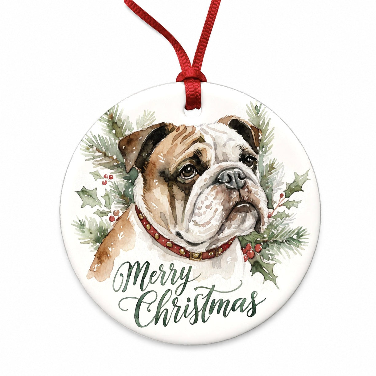 Bulldog Merry Christmas Watercolor Round Ceramic Holiday Christmas Tree Ornament